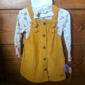 Tahari Baby 18 mo gold corduroy jumper with floral LS ribtop matching headband!